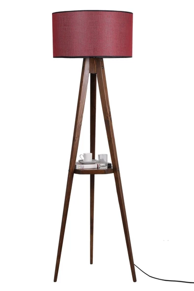 Lumexx Sehbalı Tripod Ceviz Lambader Silindir Hasır Bordo Abajurlu - 2