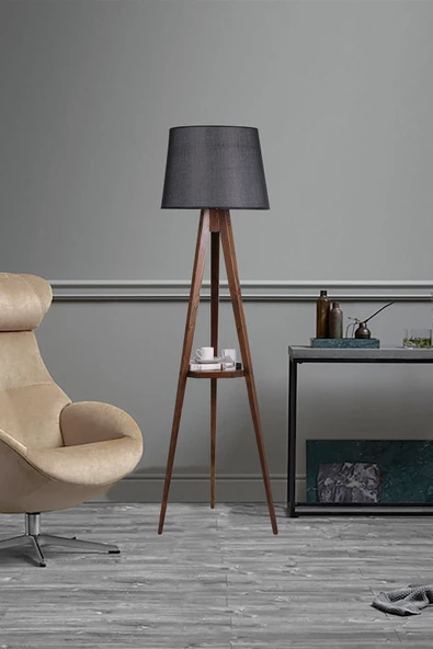 Lumexx Sehbalı Tripod Ceviz Lambader Pramit Hasır Siyah Abajurlu