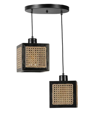 Lumexx KUMSAL 2 Lİ TEPSİLİ SİYAH RATTAN AVİZE