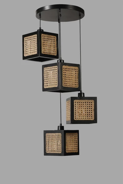 Lumexx KUMSAL 4 LÜ TEPSİLİ SİYAH RATTAN AVİZE - Resim 3