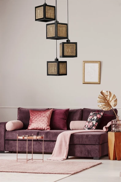 Lumexx KUMSAL 4 LÜ TEPSİLİ SİYAH RATTAN AVİZE - Resim 5