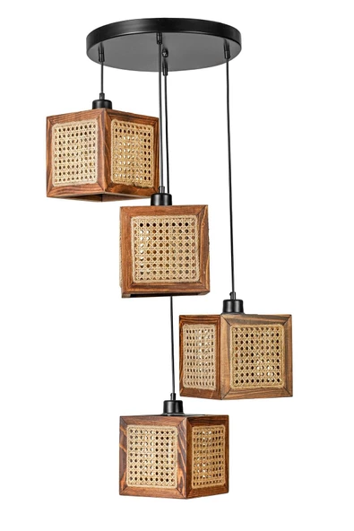 Lumexx KUMSAL 4 LÜ TEPSİLİ CEVİZ RATTAN AVİZE
