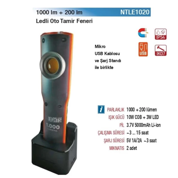 NTLights 1000+200 Lümen Şarjlı Mıknatıslı Oto Tamir Feneri Led Lamba NTLE1020 - 2