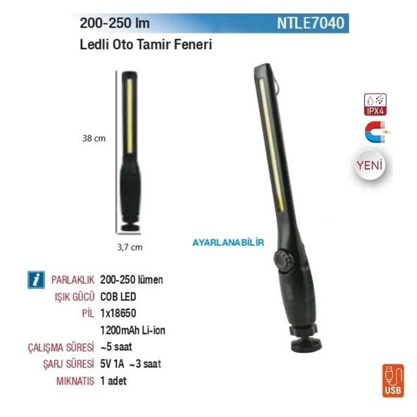 NTLights 200-250 Lümen Şarjlı Mıknatıslı Oto Tamir Feneri Led Lamba NTLE7040 - 3