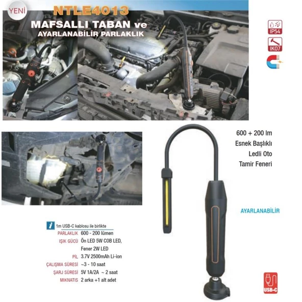 NTLights 600+200 Lümen Şarjlı Mıknatıslı Oto Tamir Feneri Led Lamba NTLE4013 - 2