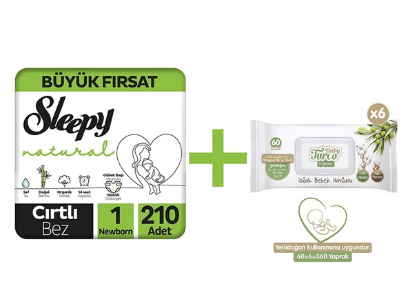 Sleepy Natural Büyük Fırsat Paketi Bebek Bezi 1 Numara Yenidoğan 210 Adet + Baby Turco Baby Turco Doğadan Yenidoğan Islak Bebek Havlusu 6 x 60 Yaprak