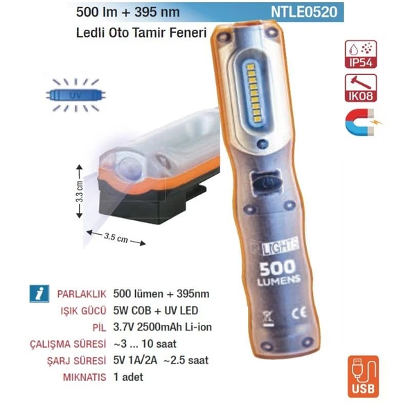 NTLights 500 Lümen + UV395 nm Şarjlı Mıknatıslı Oto Tamir Feneri Led Lamba NTLE0520 - 2