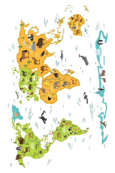 Şeffaf Renkli Hayvanlı Dünya Haritası, Yapışkansız, Elektrostatik Özellikli Akıllı Kağıt Harita - Resim 2
