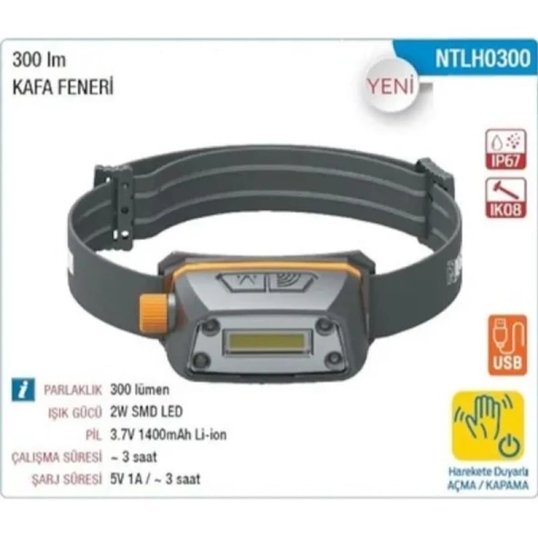 NTLigths 300 Lümen Şarjlı Kafa Feneri 2W Harekete Duyarlı Açma Kapama NTLH0300 - 2