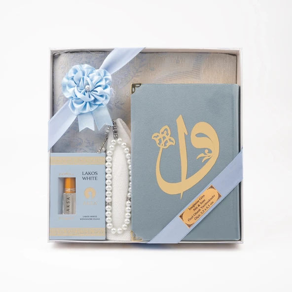 Takke + Esans + Tesbih + Seccade + Kadife Kuran Hediye Seti (Hafız Boy, Mavi) - Resim 2