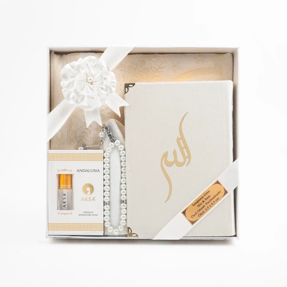 Takke + Esans + Tesbih + Seccade + Kadife Kuran Hediye Seti (Hafız Boy, Beyaz) ürün görseli 1