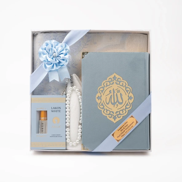 Takke + Esans + Tesbih + Seccade + Kadife Kuran Hediye Seti (Hafız Boy, Mavi) - Resim 3