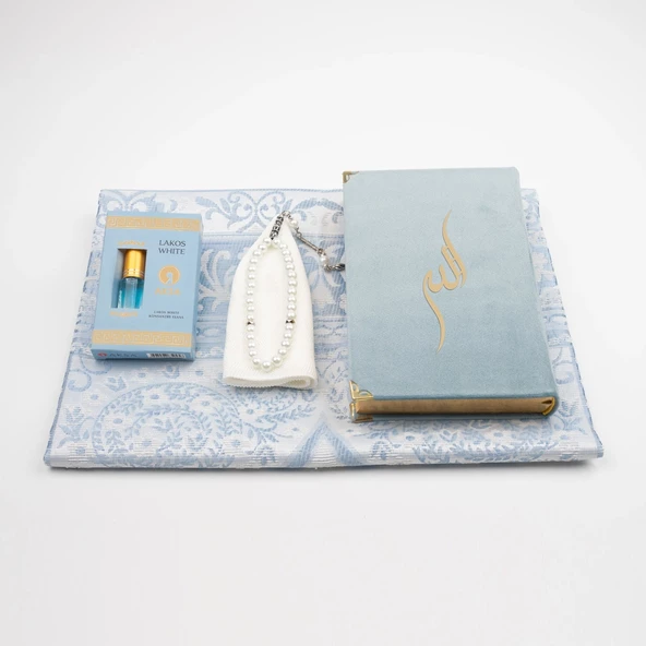 Takke + Esans + Tesbih + Seccade + Kadife Kuran Hediye Seti (Hafız Boy, Mavi) - Resim 5