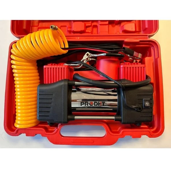 PRODHT 12V DC Ledli Mini Araç Kompresörü Çift Pistonlu Top ve Bot Şişirme Aparatlı D12010002 - 2
