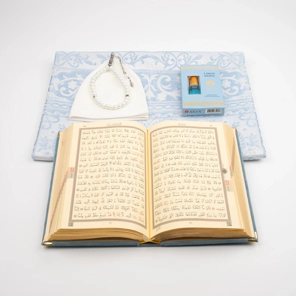 Takke + Esans + Tesbih + Seccade + Kadife Kuran Hediye Seti (Hafız Boy, Mavi) - Resim 6