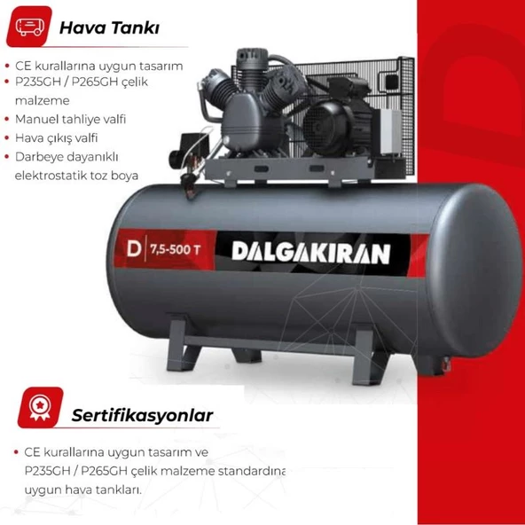 Dalgakıran 500 Lt. Kompresör 380V 4Kw/5,5Hp Tek Kademeli 7 Bar D5,5-500 - 3