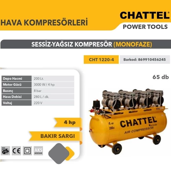 Chattel 200 Lt. Sessiz Yağsız Kompresör 220V 4Hp 280L/min 8 Bar CHT1220-4 - 2
