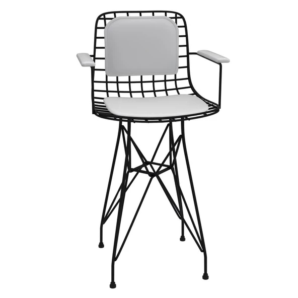 Knsz ufak boy tel bar sandalyesi 1 li uslu syhbyz kolçaklı sırt minderli 55 cm oturma yüksekliği mutfak bahçe cafe ofis - Resim 2