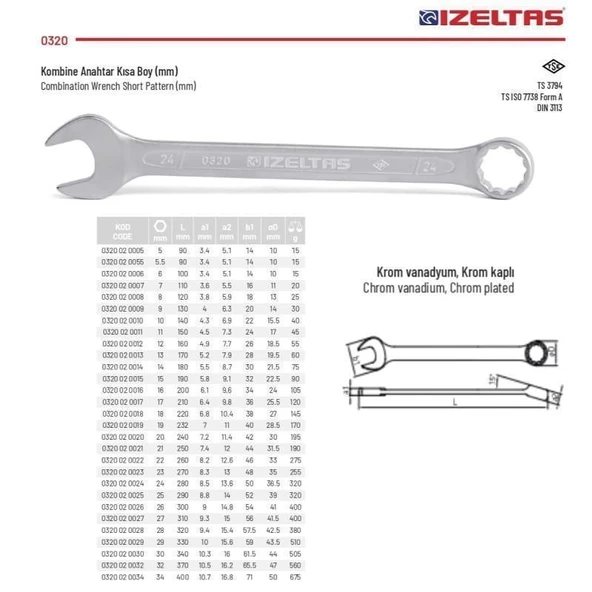İzeltaş 13 mm Kombine Anahtar Kısa Boy 0320 02 0013 - 2