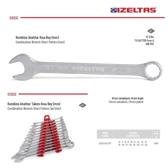 İzeltaş 17 Parça Kombine Anahtar Takımı 6-22 mm Arası 0320 00 2117 - 2