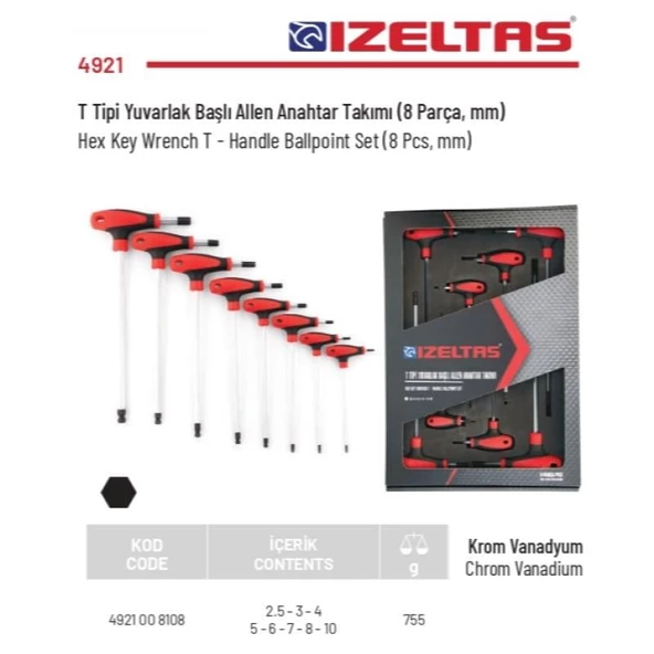 İzeltaş 8 Parça T Tipi Yuvarlak Başlı Uzun Allen Anahtar Takımı Alyan Set 4921 00 8108 - 2