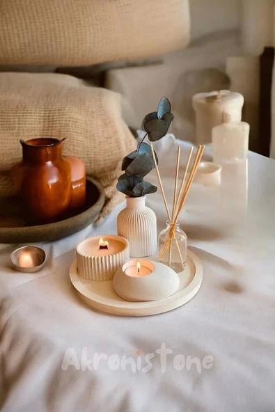 Dekoratif Tepside 5 Li Set Vazo, Vanilya Kokulu Mum, Tealight Mumluk ve Dekoratif Şişe - 2