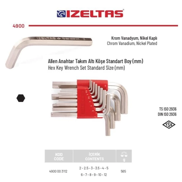 İzeltaş 12 Parça Kısa Allen Anahtar Takımı Alyan Set 4900 00 3112 - 2