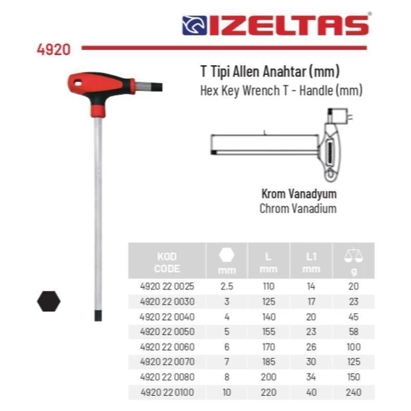 İzeltaş 10mm T Tipi Allen Anahtar T Tipi Alyan 4920 22 0100 - 2