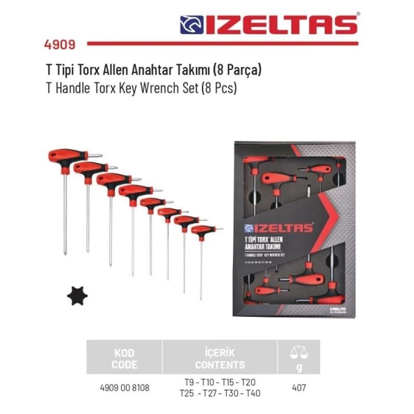 İzeltaş 8 Parça T Tipi Torx Allen Anahtar Takımı Torx Set 4909 00 8108