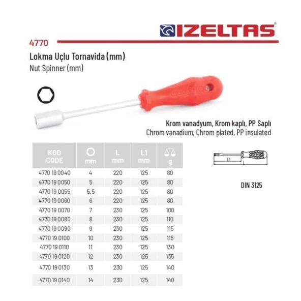 İzeltaş 11mm Lokma Uçlu Tornavida 4770 19 0110 - 2