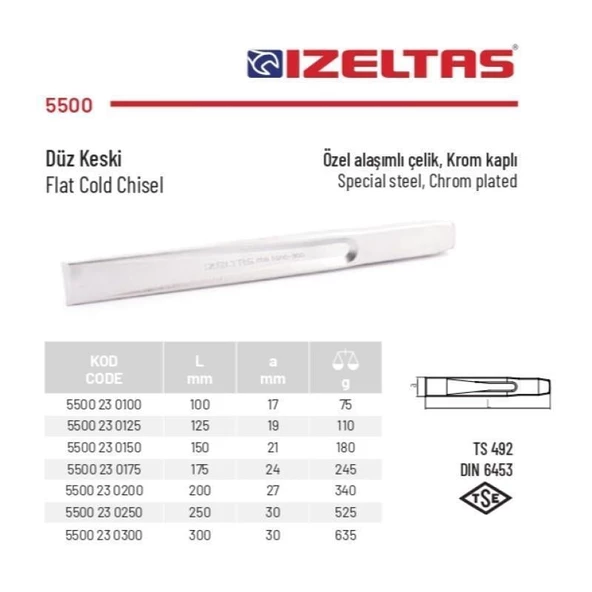 İzeltaş 175 mm Düz Keski Krom Kaplı 5500 23 0175 - 2