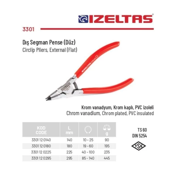 İzeltaş 40-100 mm Arası Düz Dış Segman Pensesi 3301 12 0225 - 2