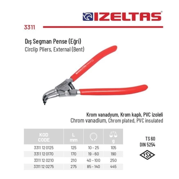 İzeltaş 85-140 mm Arası Eğri Dış Segman Pensesi 3311 12 0275 - 2