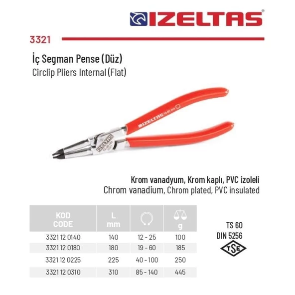 İzeltaş 40-100 mm Arası Düz İç Segman Pensesi  3321 12 0225 - 2