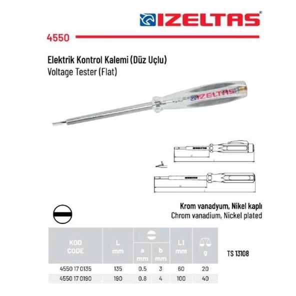 İzeltaş 190 mm. Kontrol Kalemi Düz Uçlu 4550 17 0190 - 2