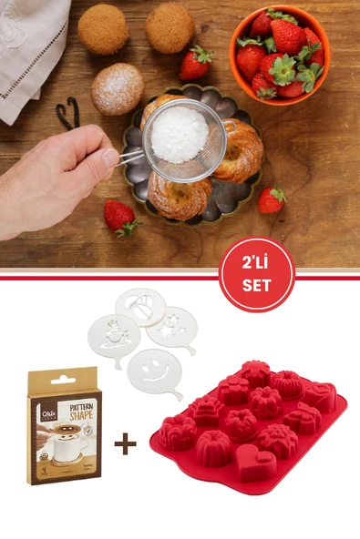 12'li Karma Silikon Kek Kalıbı ve Pasta Süsleme Şablonu, Kahve, Tatlı Şekillendirici Süsleme Aparatı İkili Set - 2