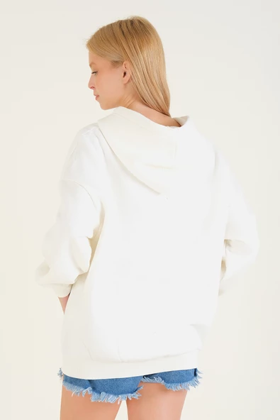 Kadın 3 İp Şardonlu Kapüşonlu Fermuarlı Oversize Sweatshirt Ekru - 6