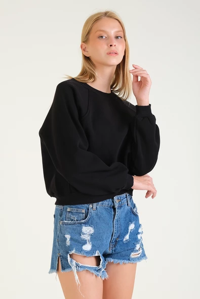 Kadın 3 İp Şardonlu Sıfır Yaka Oversize Sweatshirt Siyah - 5