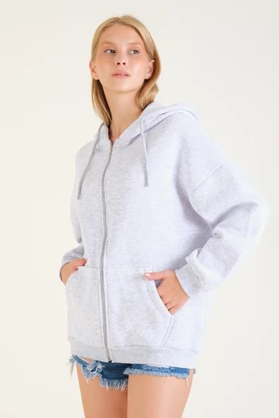 Kadın 3 İp Şardonlu Kapüşonlu Fermuarlı Oversize Sweatshirt Gri - 3
