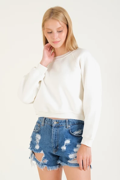Kadın 3 İp Şardonlu Sıfır Yaka Oversize Sweatshirt Ekru - 2