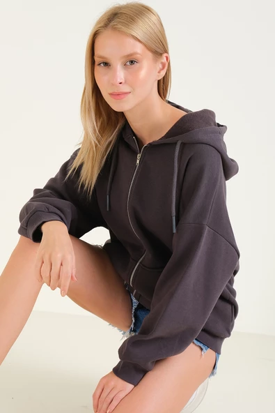 Kadın 3 İp Şardonlu Kapüşonlu Fermuarlı Oversize Sweatshirt Füme - 4