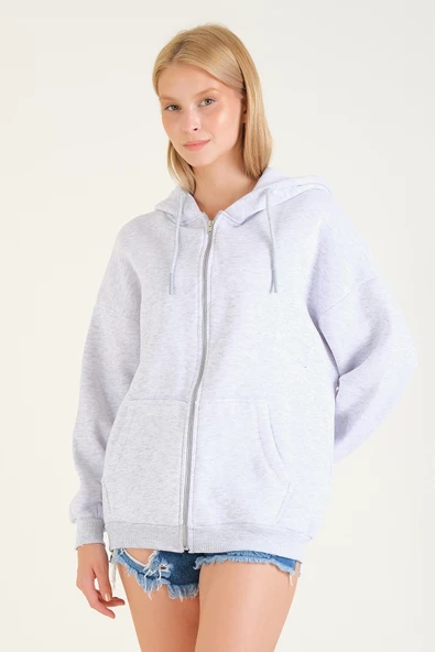 Kadın 3 İp Şardonlu Kapüşonlu Fermuarlı Oversize Sweatshirt Gri - 2
