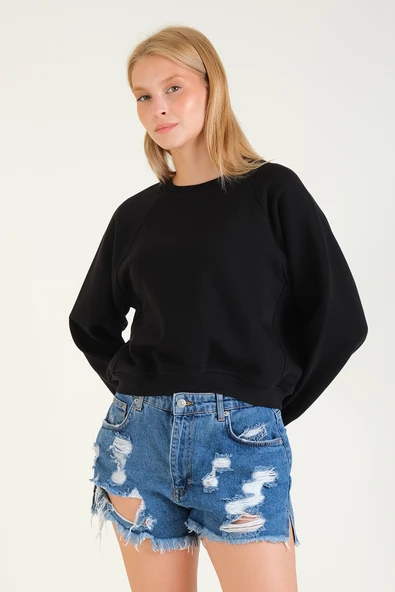 Kadın 3 İp Şardonlu Sıfır Yaka Oversize Sweatshirt Siyah - 4