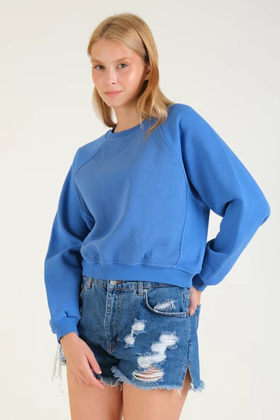 Kadın 3 İp Şardonlu Sıfır Yaka Oversize Sweatshirt Mavi - 4