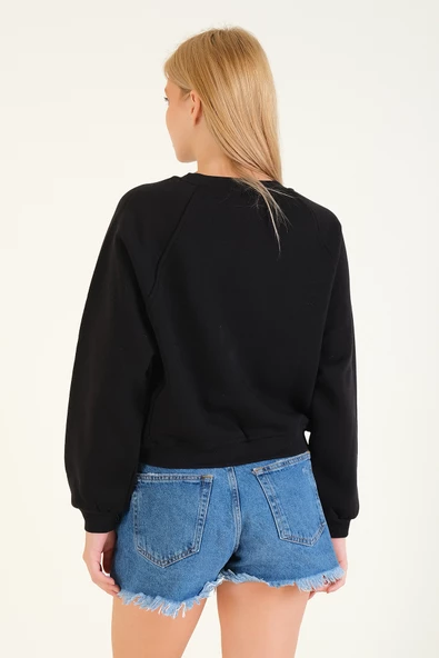 Kadın 3 İp Şardonlu Sıfır Yaka Oversize Sweatshirt Siyah - 6