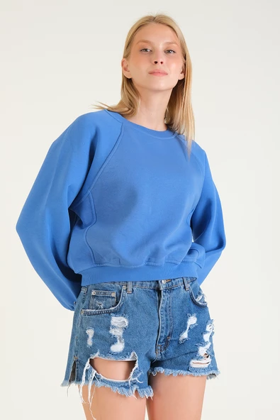 Kadın 3 İp Şardonlu Sıfır Yaka Oversize Sweatshirt Mavi - 5
