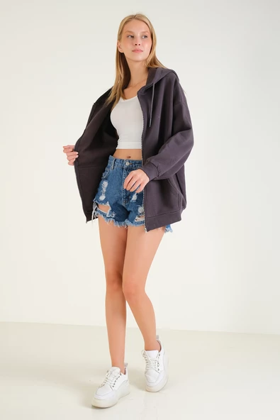 Kadın 3 İp Şardonlu Kapüşonlu Fermuarlı Oversize Sweatshirt Füme - 2
