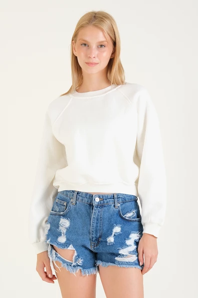 Kadın 3 İp Şardonlu Sıfır Yaka Oversize Sweatshirt Ekru - 3