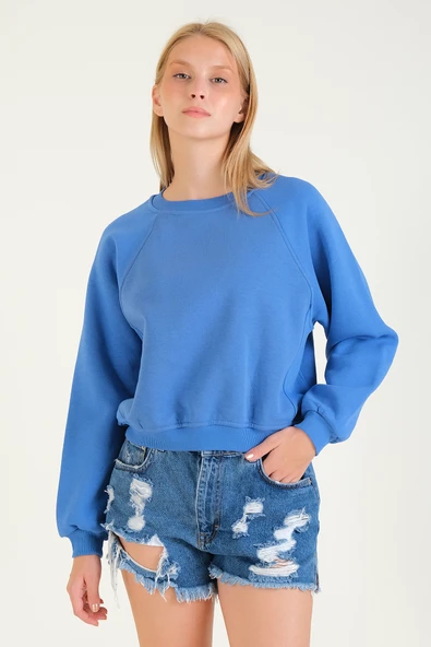 Kadın 3 İp Şardonlu Sıfır Yaka Oversize Sweatshirt Mavi - 3