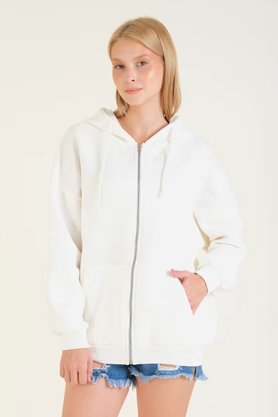 Kadın 3 İp Şardonlu Kapüşonlu Fermuarlı Oversize Sweatshirt Ekru - 5